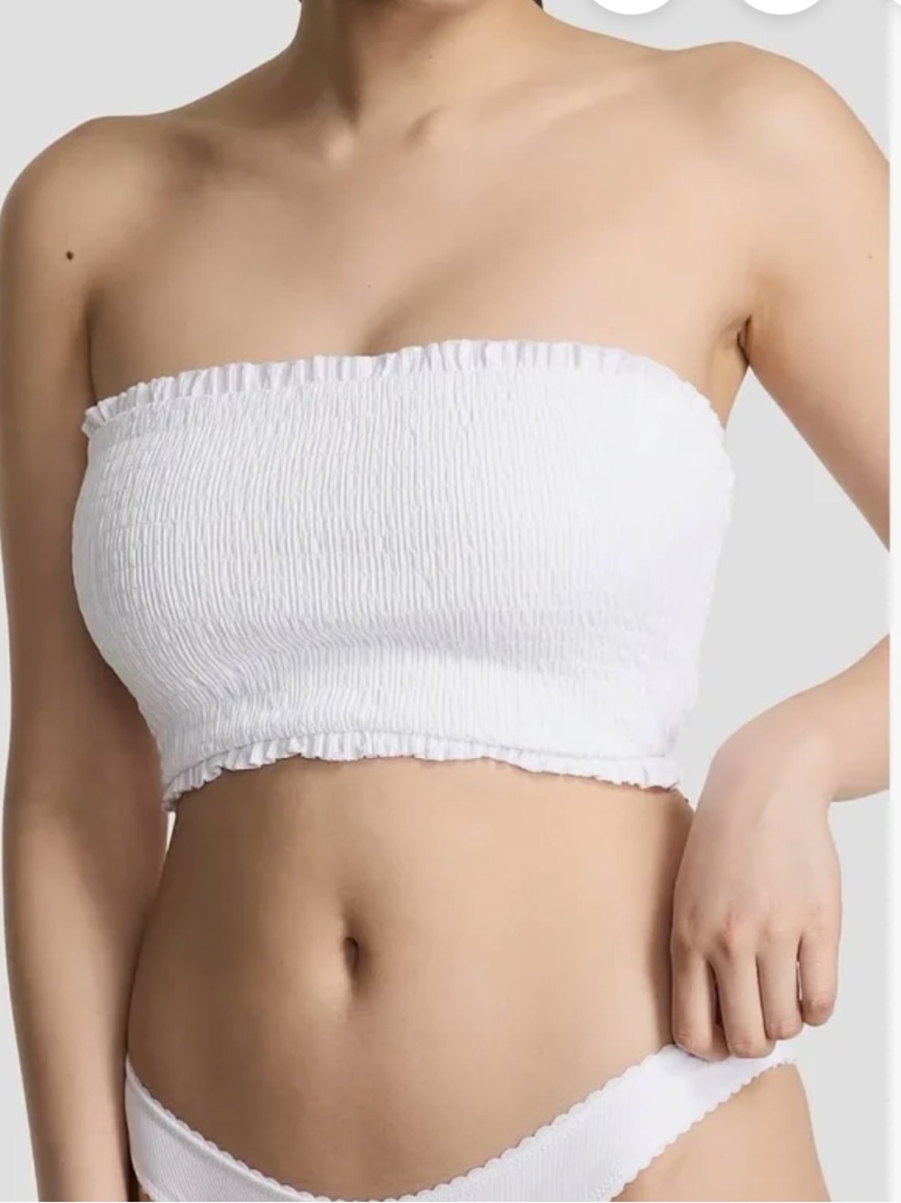 New! Frankie’s Bikinis xPINK Iris White Smocked Bandeau Bikini Top 34577